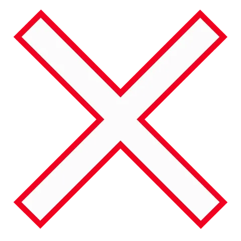 A railway crossing sign is X-shaped with a white background and red outline