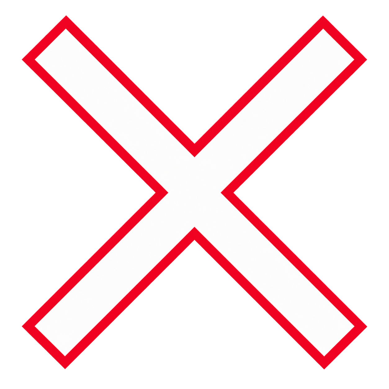 A railway crossing sign is X-shaped with a white background and red outline