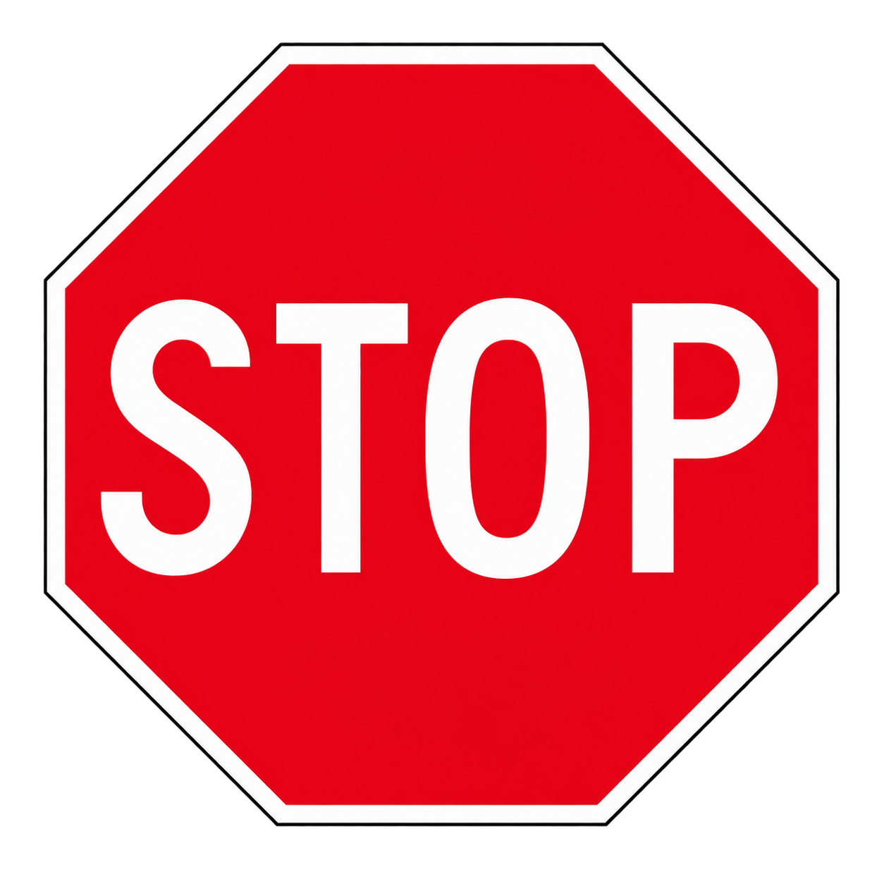 A stop sign is eight-sided and has a red background with white letters